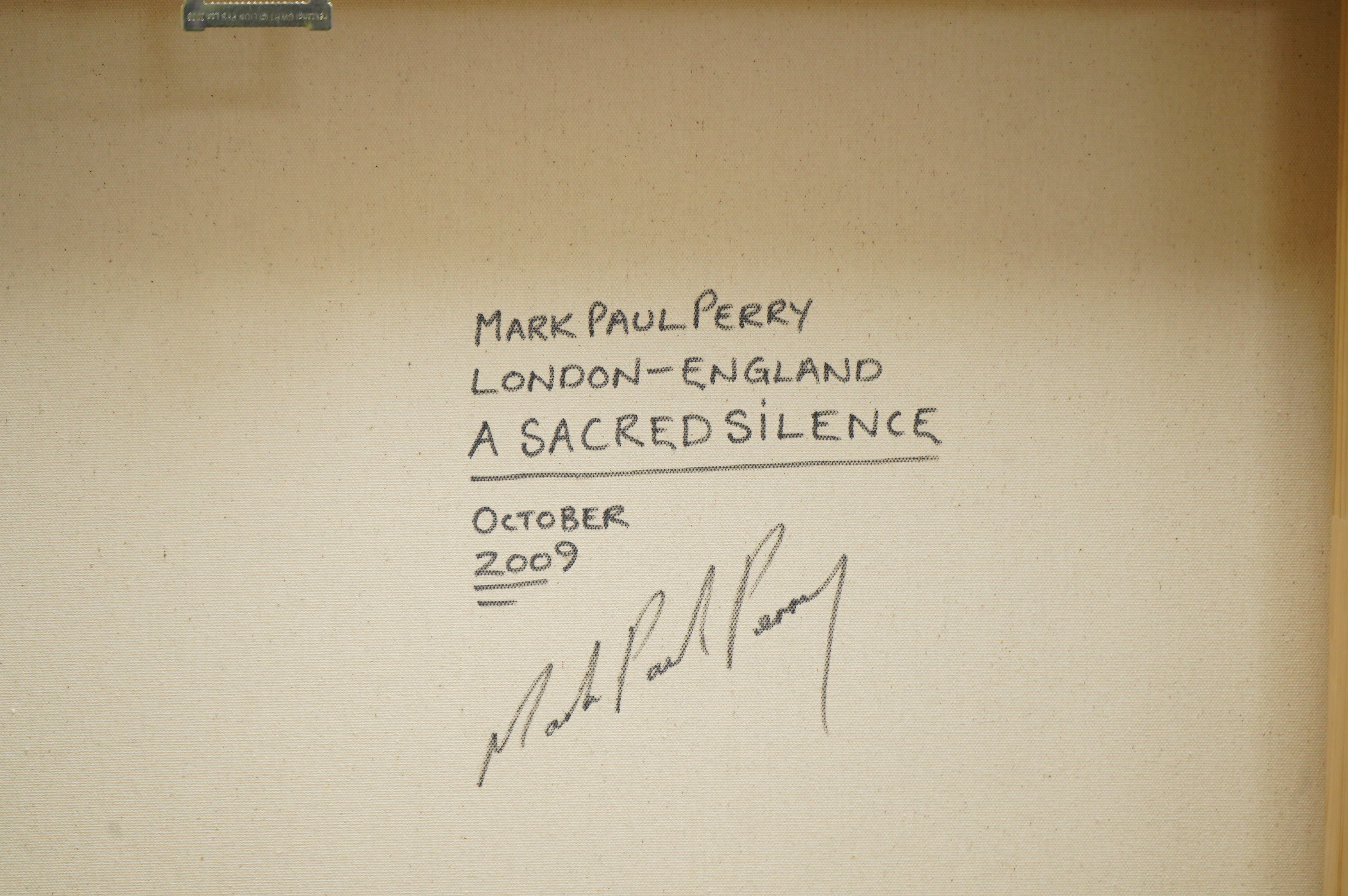 Mark Paul Perry (contemporary), ‘The Sacred Silence’, signed and dated October 2009 verso, abstract oil on canvas, unframed, 60 x 80cm